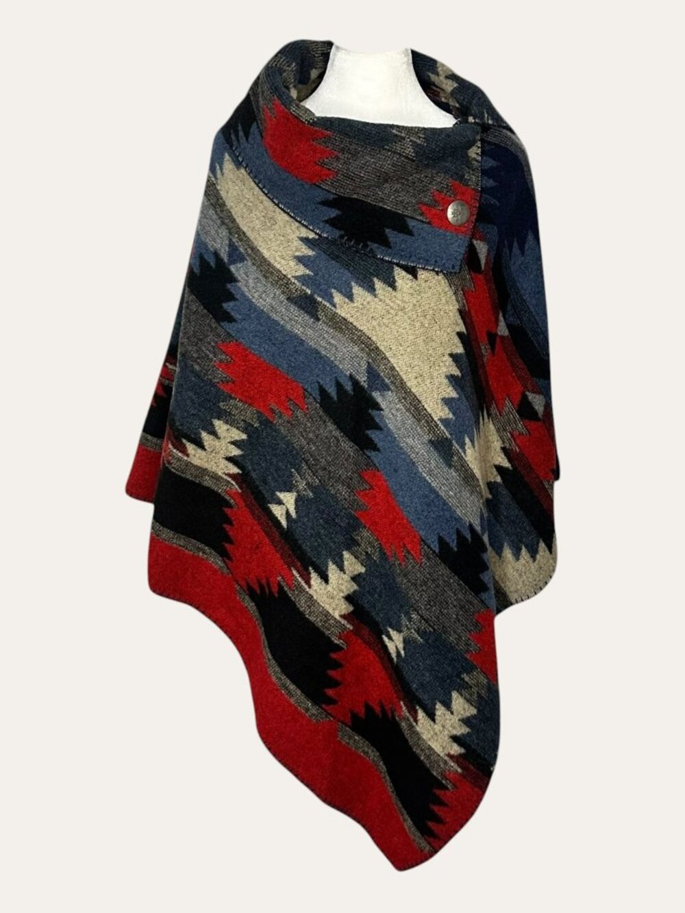 RARE PATTERNED Vintage Rhonda Stark Southwestern Aztec Wool Blend Poncho Cape